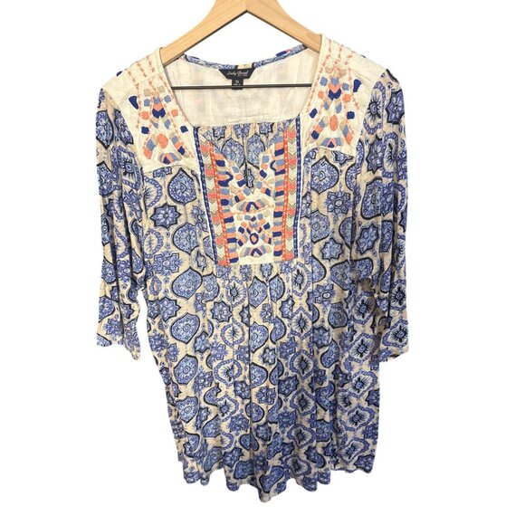 Lucky Brand 3X Womens Boho Tunic Top With Embroidered Neckline & 3/4 Sleeves Blu - Picture 1 of 4